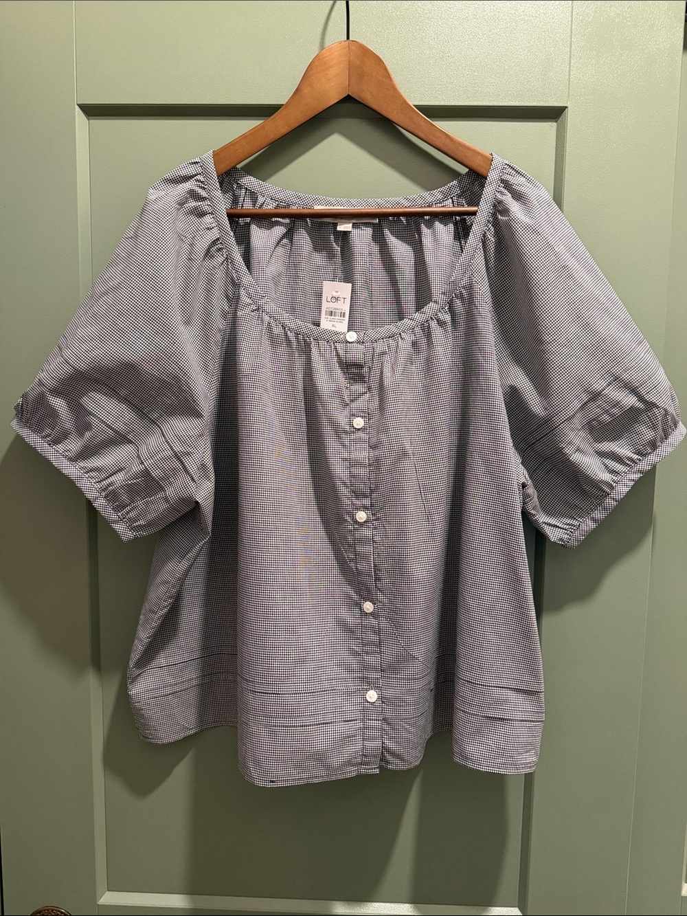 LOFT Gingham Pintucked Puff Sleeve Blouse - NWT